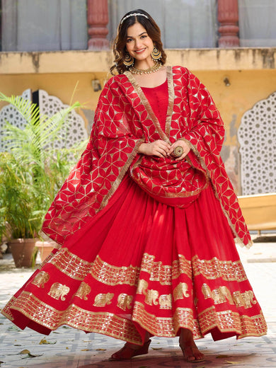 Marvelous Red Vichitra Silk Sequins Function Wear Gown With Dupatta